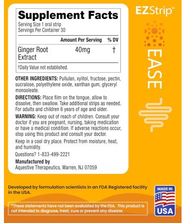 EZStrip Ease Supplement - Ginger Flavor 30 Count - Dissolving Strips with Ginger Root Help Support Nausea Relief Morning and Motion Sickness and Digestion - Made in The USA Sugar and Gluten-Free - Buy Online on GoSupps.com
