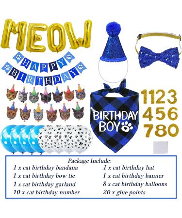 STMK Cat Birthday Party Supplies Cat Birthday Hat Bandana Bow Tie Collar Birthday Number Cat Birthday Banner Garland MEOW Letter Balloons for Cat Kitten Birthday Outfits Decorations Blue Hat & Bandana & Bowtie & Number & Banner & Balloon - Buy Online on GoSupps.com