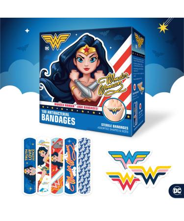 Wonder Woman Kids Bandages  100 ct | Wear Like Stickers  Adhesive Antibacterial Bandages for Minor Cuts  Scrapes  Burns. Easter Basket Stuffers for Kids & Toddlers 100 Count (Pack of 1)