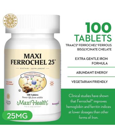 Maxi Health Gentle Iron Supplement - Ferrochel 25 MG for Anemia & Red Blood Cell Production - Chelated Iron Pills - 100 Kosher Tablets - Buy Online on GoSupps.com