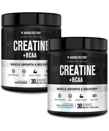 Jacked Factory Creatine + BCAAs - Creatine Monohydrate + BCAA Powder for Increased Post-Workout Recovery Performance Lean Muscle Growth & Reduced Fatigue - 30 Servings Unflavored & Blue Raspberry