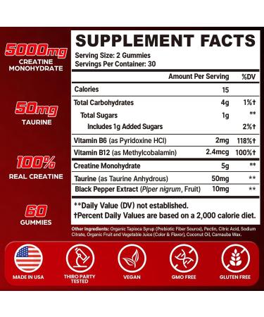 Creatine Monohydrate Gummies for Women & Men Creatine with Taurine & B6 Chewable Creatina Pre Workout Gummies for Max Strength & Muscle Growth Energy Endurance Creatine for Men & Women - 2 Packs 60 Count (Pack of 2) - Buy Online on GoSupps.com
