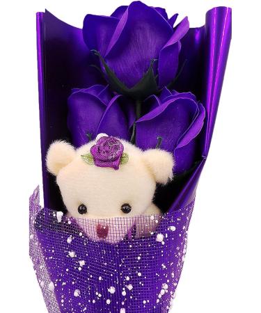 Abbie Home 3 Scented Soap Roses Bouquet with Teddy Bear Gift Box - Perfect for Valentine's, Anniversary, Wedding, Mothers Day - Purple - Buy Online on GoSupps.com