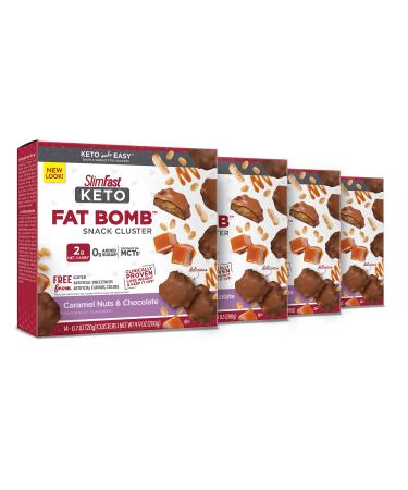 SlimFast Keto Fat Bomb Snack Cluster, Caramel Nuts & Chocolate, Keto Snacks for Weight Loss, Low Carb with 0g Added Sugar, 14 Count Box (Pack of 4) Caramel Cluster