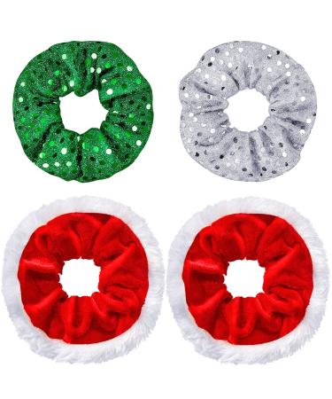 4 Pieces Large Size Christmas Hair Scrunchies Cute Elastics Scrunchies Glittery Sequin Green Silver Hair Bands Red Fabric Hair Accessories with White Fur for Hair Decoration