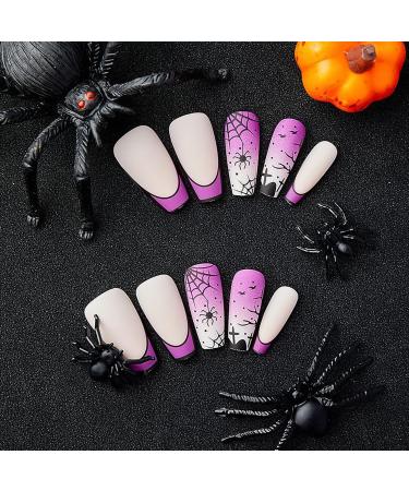 Shop Halloween Press On Nails - Medium Square Purple False Nails with Spider Web Design | 24 Pcs French Tip for Women & Girls - Buy Online on GoSupps.com