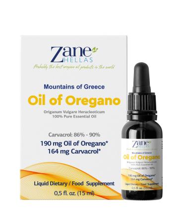 Zane Hellas 190 mg Oregano Oil-164 mg Carvacrol per Serving-4 Drops Daily. 100% Greek Undiluted Oil of Oregano. 86%-90% Min Carvacrol. Probably The Best Oregano Oil in The World. 0.5 fl. oz.- 15ml.