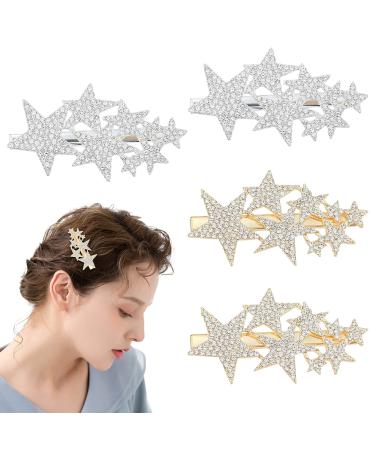 4 PACK Five-pointed Star Hairpin Rhinestone Non-Slip Hair Clip Elegant Duckbill Clip Fashion Hair Barrettes Accessories for Girls and Women (Gold+Silver)