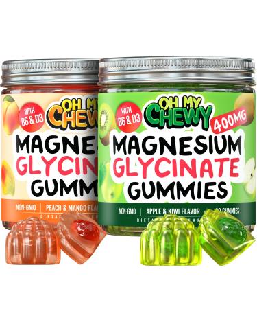 OH MY CHEWY Magnesium Gummies Bundle 2 Bottles (60 Each) Apple Kiwi & Peach Mango