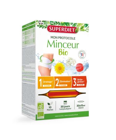 SUPERDIET Organic slimming protocol 3 phases: drainage elimination fat burner Herbal medicine Made in France 30 ampoules of 15 ml.