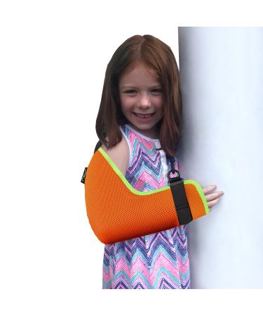4DflexiSPORT Arm Sling Child 4-5yrs orange/lime trim Medical Grade Extra Deep Feel-safe Easy-fit Cooling Ultra-comfort Includes Smiley Sticker. Fits R or L arm. 4-5yr Orange/Lime Trim