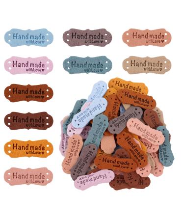 SAVITA 50pcs Handmade Leather Labels, Microfiber Colorful Leather Labels with Love Hearts Handmade Embossed Crochet Tags with Holes for Crafts Knitting Sewing Hats Purses Clothing (10 Colors)