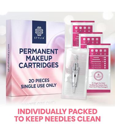 Stylia 20 Piece PMU Cartridges for Microshading Eyeliner & Eyebrows - Clear Disposable & Easy to Install - 1RL For Lining & Shading - Buy Online on GoSupps.com