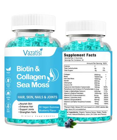2 Pack Biotin Gummies 15000mcg with Collagen Sea Moss Chlorophyll & Keratin for Hair Skin Nails & Joints- Women & Men Kids - 60 Vegan Blueberry Flavored Gummies 60 Count (Pack of 2)