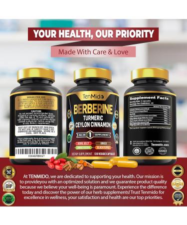 Tenmido Berberine Supplement - 7in1 Formula - Combine with Turmeric Royal Jelly Ceylon Cinnamon Ginkgo Biloba Ginger & Black Pepper - Digestive Health Immune Support - 120 Capsules - Buy Online on GoSupps.com