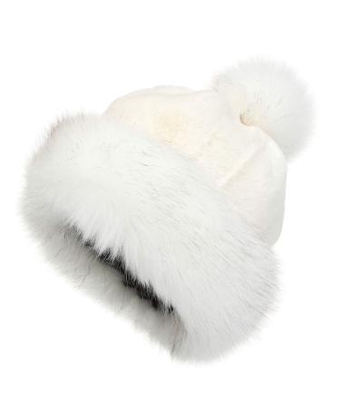 LA CARRIE Women's Faux Fur Hat Russian Cossack Pompom Cap for Winter Ski Snow White