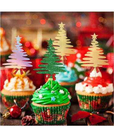TSJ 18 PCS Christmas Tree Cupcake Toppers Christmas Cake Toppers Glitter Cupcake Picks Cake Decorations Christmas Party Supplies Green+gold+silver - Buy Online on GoSupps.com