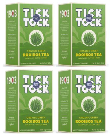 TICK TOCK TEAS Organic Rooibos Tea, Green Tea, Naturally Caffeine Free Red Bush Herbal Tea, Rich in Anti-Oxidants, South African, Superfood - 40 Count (Pack of 4), Packaging May Vary