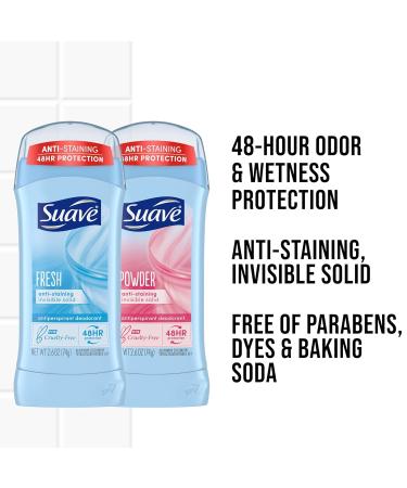 Suave Deodorant Women Antiperspirant Powder and Fresh Bundle 48-Hour Odor & Wetness Protection with Essential Oils anti-staining no baking soda Bundle 4 x 2.6 oz - Buy Online on GoSupps.com
