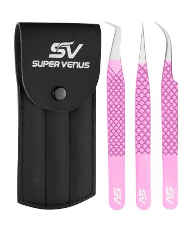 Lash Extension Tweezer Eyelash Tweezers for Extensions Precision Lashing Tweezers 3PC Set L-Shaped Boot Volume Dolphin Isolation (3Pc Pink Lash Tweezers Set)