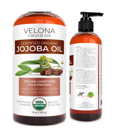 Velona Jojoba Oil USDA Certified Organic - 8 oz (With Pump) | 100% Pure and Natural | Golden, Unrefined, Cold Pressed, Hexane Free | Moisturizing Face, Hair, Body, Skin Care, Stretch Marks, Cuticles