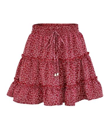 LAEMILIA Womens Elastic Waist Flared Short Skirt Floral Print Pleated Mini Skater Skirt with Drawstring S Red
