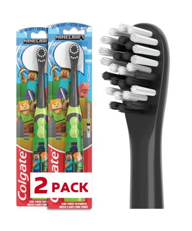 Colgate Kids Battery Powered Minecraft Toothbrush Extra Soft Kids Battery Toothbrush with 1 AA Battery Included Made for Ages 3 and Up Features Easy On and Off Switch Flat Lay Handle 1 Count Minceraft 2pk