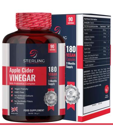 Apple Cider Vinegar Complex with Added Probiotics - 180 ACV Max Strength Vegan Capsules - 3 Month Supply - Made in UK - by Sterling Nutrition