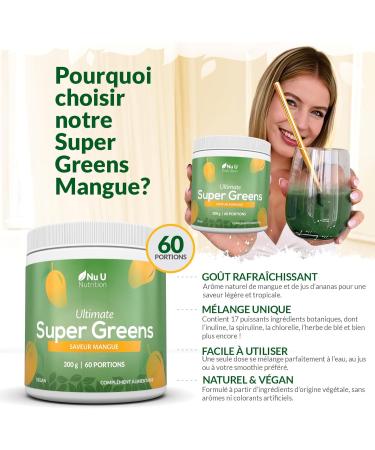  Nu U Nutrition Super Greens | Mango | Green Juice Powder 300g - 17 Active Superfood Ingredients - 60 Servings - With Inulina Spirulina Chlorella Maca Root & More - 100% Vegan Nu U Nutrition - Buy Online on GoSupps.com