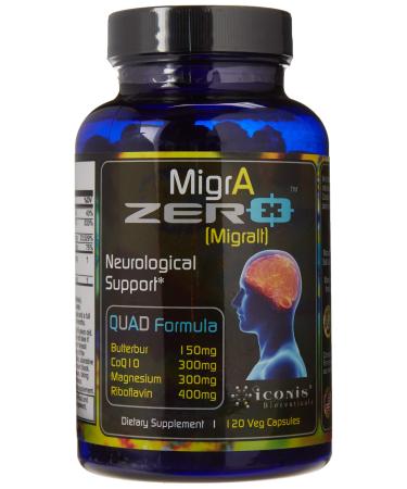 Migraine Relief, Quad-Formula with PA-Free Butterbur (150mg), CoQ10 (300mg), Magnesium Glycinate (300mg), High-Dose Riboflavin (400mg) - MigrA Zero (120 Caps) Optimal Dosing for Migraine Sufferers