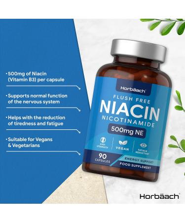 Vitamin B3 Niacin 500mg | 90 Vegan Capsules | Flush Free Nicotinamide Supplement | No Artificial Preservatives | by Horbaach - Buy Online on GoSupps.com