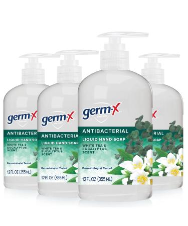 Germ-X Antibacterial Hand Soap Moisturizing Liquid Hand Wash for Kitchen pH Balanced & Dermatologist Tested Back to School Supplies White Tea & Eucalyptus 12 oz Pump Bottle (Pack of 4)