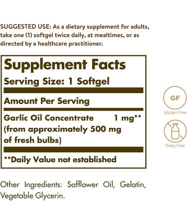 Solgar Garlic Oil Perles 250 Softgels - Natural Cardiovascular Support - Reduced Odor - Gluten Free - Dairy Free - Buy Online on GoSupps.com