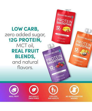 Designer Wellness Protein Smoothie Variety Pack - Real Fruit, 12g Protein, Low Carb, No Added Sugar, Gluten-Free, Non-GMO, 4.2oz (12 Count) - Buy Online on GoSupps.com