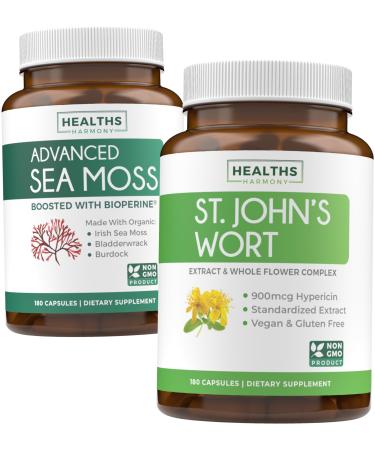 Sea Moss & St. John's Wort (2-Month Supply) Mood Moss Blend - Organic Irish Sea Moss - Raw Vegan Supplement (180 Caps) & St John's Wort with Powerful 900mcg Hypericin Vegan Non-GMO (180 Capsules)