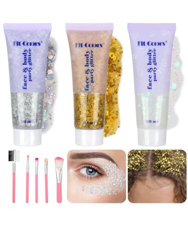 FRIUSATE 3x50ml Body Glitter Gel Face Glitter Cosmetic Body Glitter Mermaid Sequins Sparkling Party Festival Accessories Holographic Glitter Gel for Face Body Eye Hair Chunky Glitter