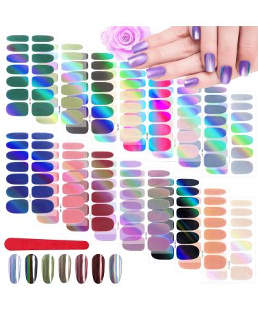 TOROKOM 16 Sheet Holographic Nail Polish Strips Full Wrap Gel Nail Polish Sticker Self-Adhesive Finger Nail Wraps for Women Girls, with Nail File