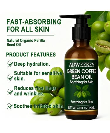 Adweekey Green Coffee Bean Oil for Face & Body 100% Natural Cold-Pressed Vegan Soothing Fast-Absorbing Moisturizer for Smooth Supple Skin 4 fl oz - Buy Online on GoSupps.com