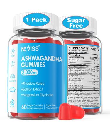 Sugar Free Ashwagandha Gummies 2000mg - with Magnesium Glycinate Rhodiola Rosea Zinc Lemon Balm B6 - Relaxation Support Natural Zzz Stamina Energy for Men Women - 60 Counts 60 Count (Pack of 1)