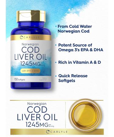 Carlyle Norwegian Cod Liver Oil | with EPA & DHA | 1245mg | 150 Softgels | Liquid Capsules | Non-GMO & Gluten Free Supplement - Buy Online on GoSupps.com