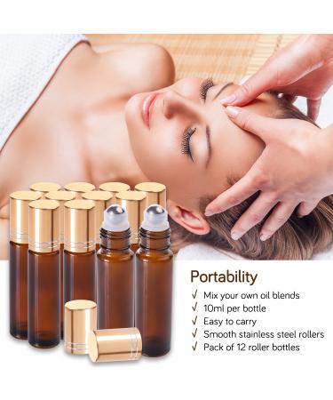 PrettyCare 10ml Amber Glass Roller Bottles - 12 Pack with 2 Extra Roller Balls, 24 Labels, Opener, 2 Funnels | Essential Oil Roll on Bottles for Aromatherapy - Buy Online on GoSupps.com