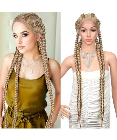 Brinbea 35" Lace Front Braided Wigs for Black Women 360 Dutch Cornrow Braided Wigs with Baby Hair Large Box Braided Wig for Women blonde