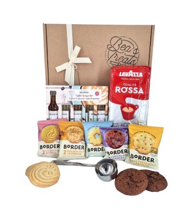 Ground Coffee and Syrup Hamper Bundle With Lavazza Qualit Rossa Coffee 500g Monin Coffee Syrup Gift Set Border Biscuits and Beas Treats 30ml Scoop
