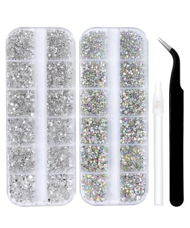 5136Pcs Flatback Clear Crystal Rhinestones Set for Nail Art Glass Tumblers Glitter Round with Picking Pen and Tweezer(SS4  SS16) AJ White+White AB(5136Pcs)