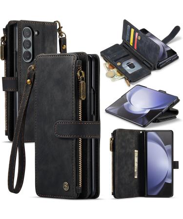 Eabhulia protective cover for Samsung Galaxy Z Fold 5 vintage style PU leather multifunctional with zipper card compartments magnetic lock stand function black