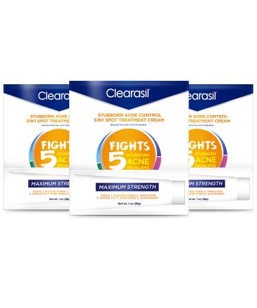 Clearasil Stubborn Acne Control 5-in-1 Spot Treatment Cream with Benzoyl Peroxide Acne Medication to Clear Acne 1 Ounce (Pack of 3)