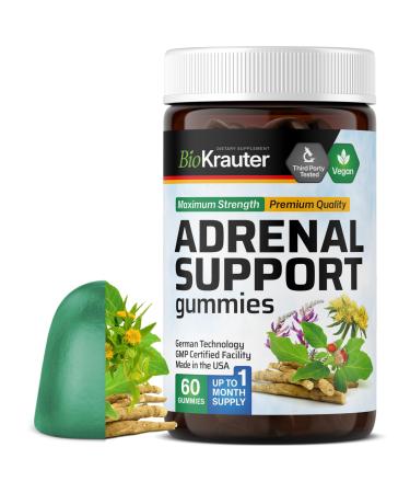 BIO KRAUTER Adrenal Support Gummies - 60 Chews - Rhodiola & Ashwagandha Gummies with Vitamins C B6 B12 - Vegan Mood Support Supplement