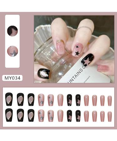 Buy Oval Short Artificial French Press-On Nails - Mrcuvaryas Soft Gel Nail Tips with Pink Stars | International Shipping - Buy Online on GoSupps.com