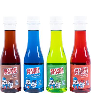 Slush Puppie Syrup Pack of 4 Assorted Flavours. Includes Iconic Blue Raspberry Strawberry Cola Lemon & Lime flavours. 4 x 180ml Bottles. Officially Licensed Slush Puppy Merchandise. - Buy Online on GoSupps.com