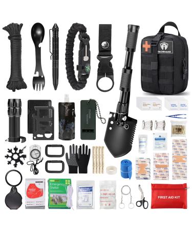 Emergency Survival Kits & First Aid Kit, Multi-Tools Survival Gear and Equipment with Molle Pouch, Gifts for Dad Men Camping Hiking Outdoor Emergency Black(203PCS)